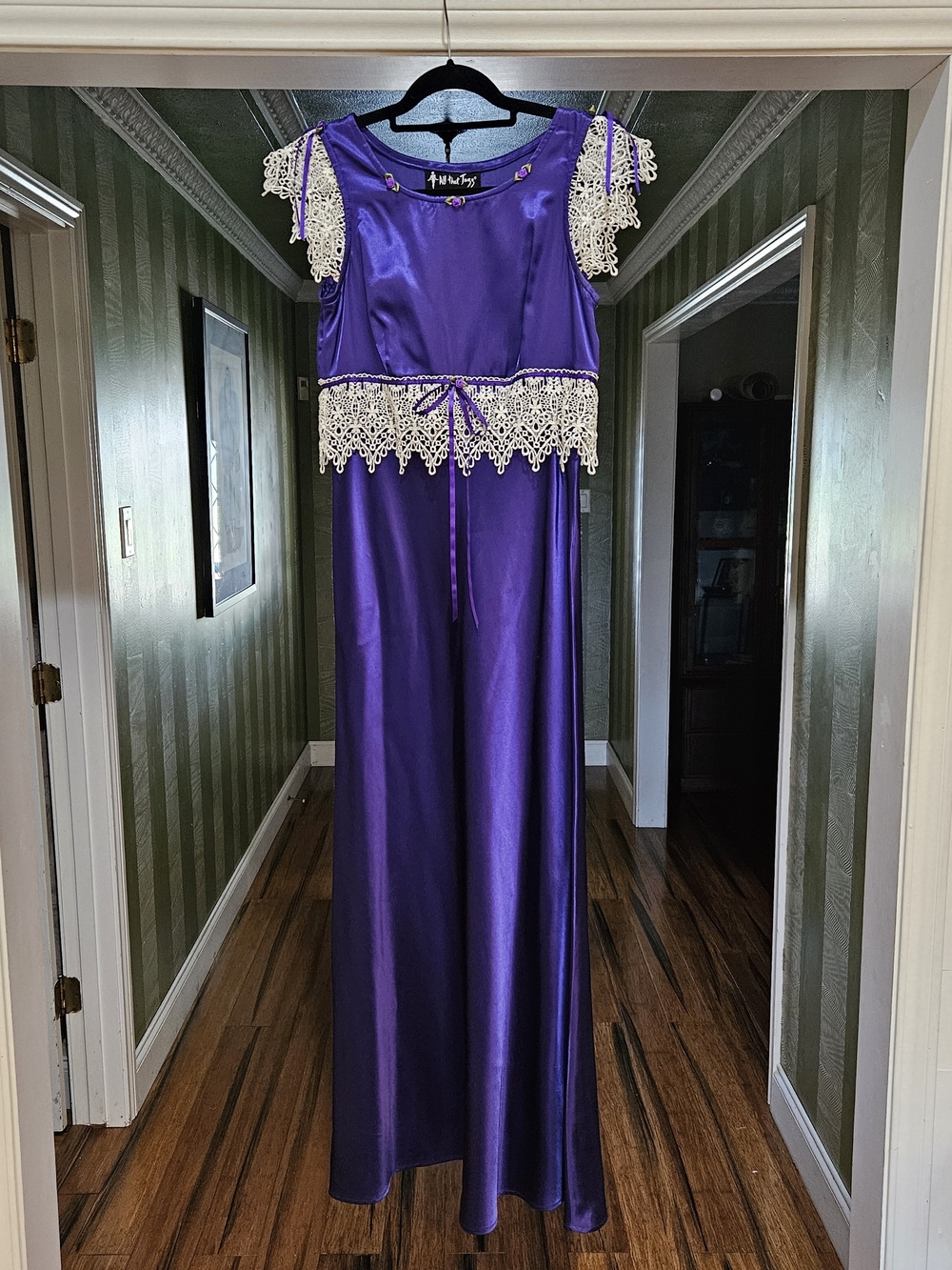 Vintage ALL THAT JAZZ Purple Satin Maxi Dress with Lace Trim SIZE 4